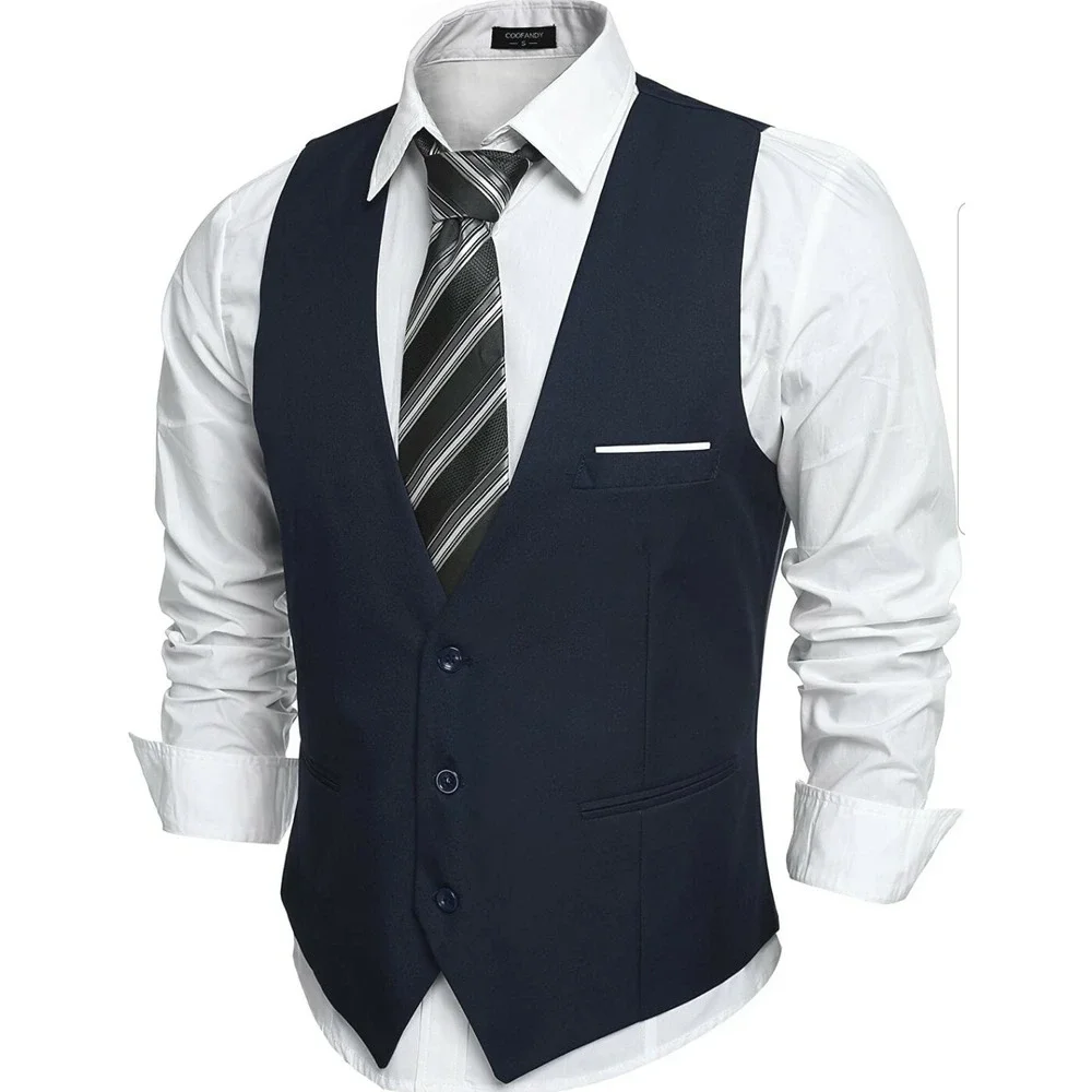 COOFANDY Formal Dress Navy Blue Button Front V Neck Sleeveless Suit Vest Mens S